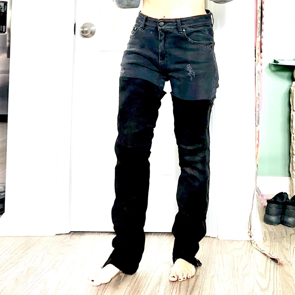 Altuzarra Black Denim and Suede Straight Leg Jeans Chaps